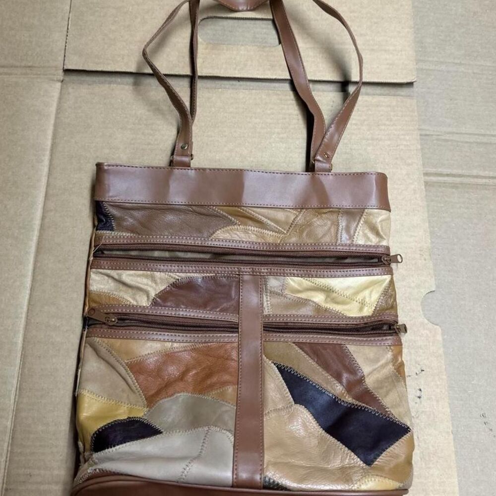 Vintage 2000s Patchwork Leather Shoulder Bag Brown Earth Tone Tote